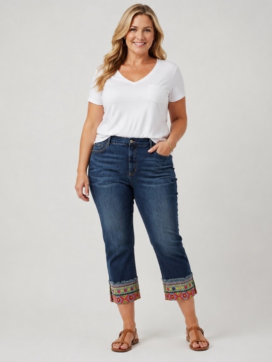 John Mark Denim - John Mark Plus Size 20W Boho Embroidered Accent Cuff Cropped Denim Jeans NWT
